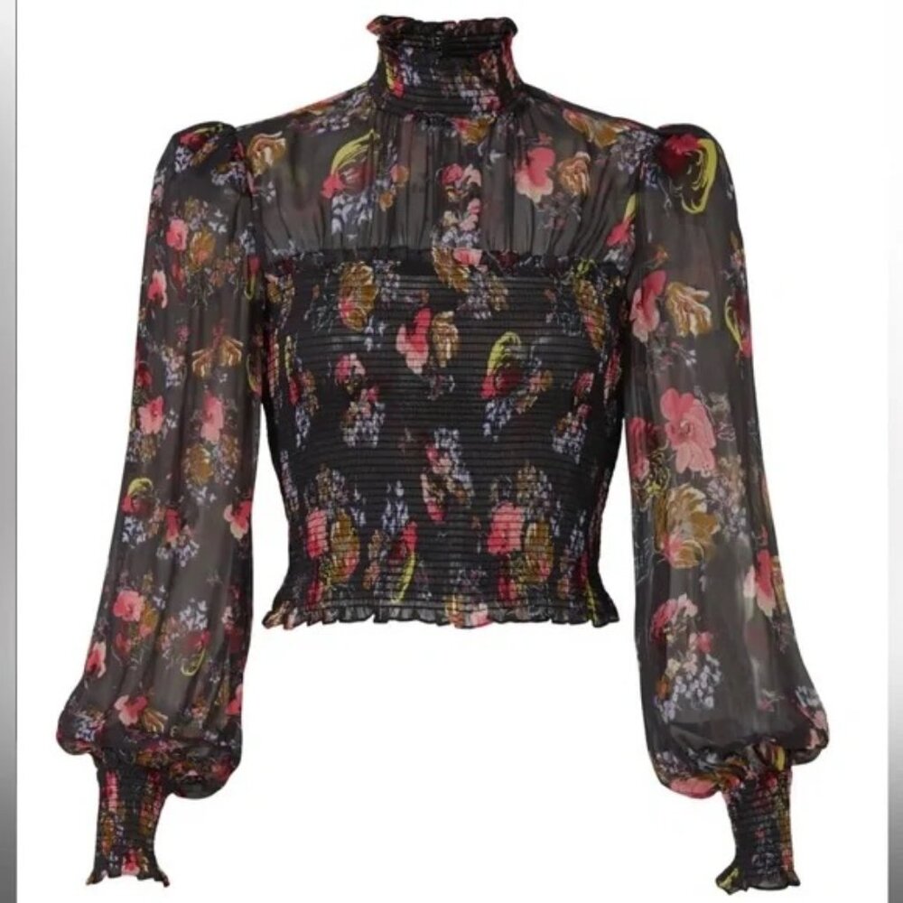 Cinq A Sept Women's Esmaralda 100% Silk Chiffon Black Floral Mock Neck Top Sz S - Picture 2 of 13